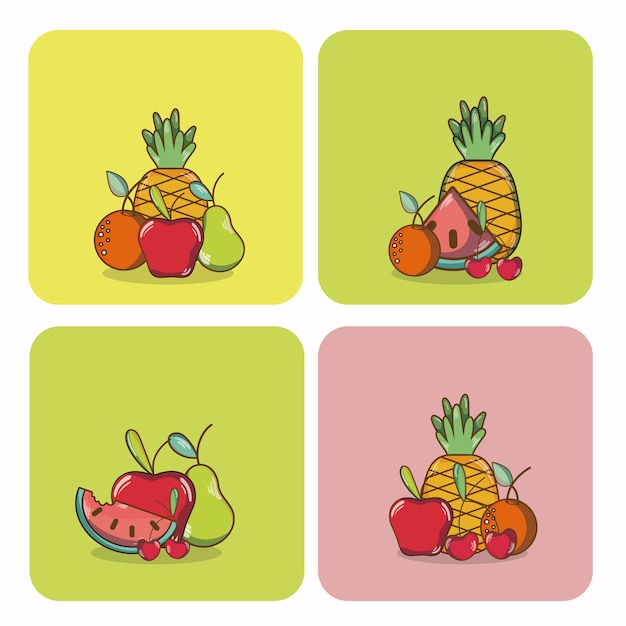 Conjunto de dibujos animados de frutas en iconos cuadrados