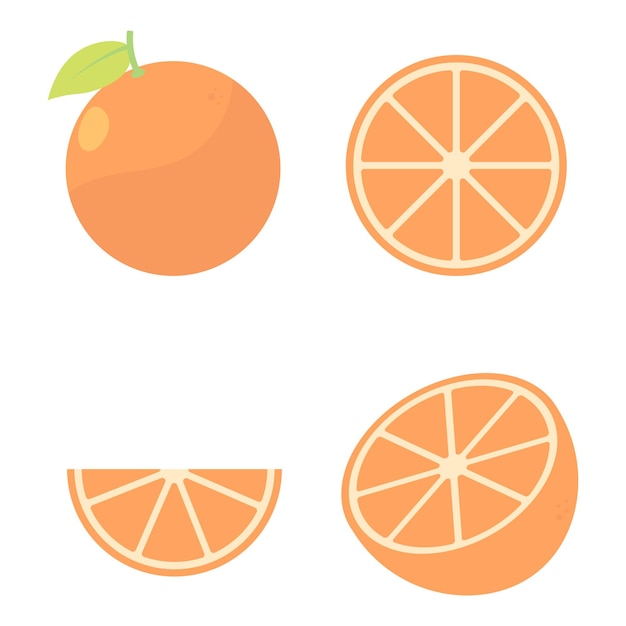 Conjunto de dibujos animados de frutas naranjas diseño de ilustración plana Fruta fresca entera y media naranja con hojas Frutas de verano para un estilo de vida saludable