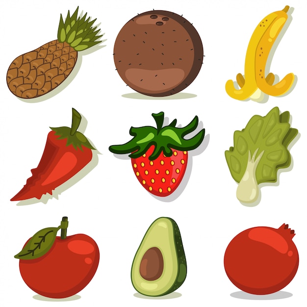 Conjunto de dibujos animados de frutas y verduras aislado