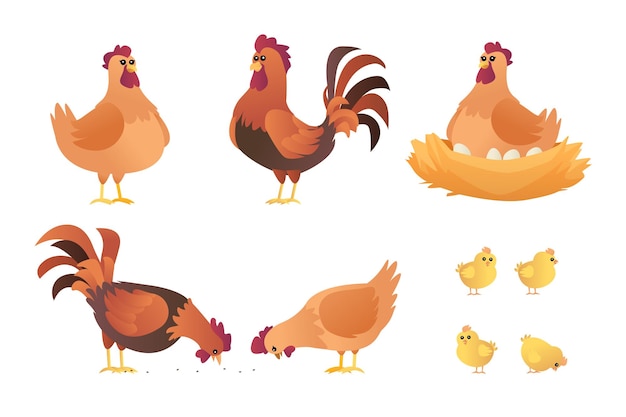 Conjunto de dibujos animados de gallos gallinas y pollitos