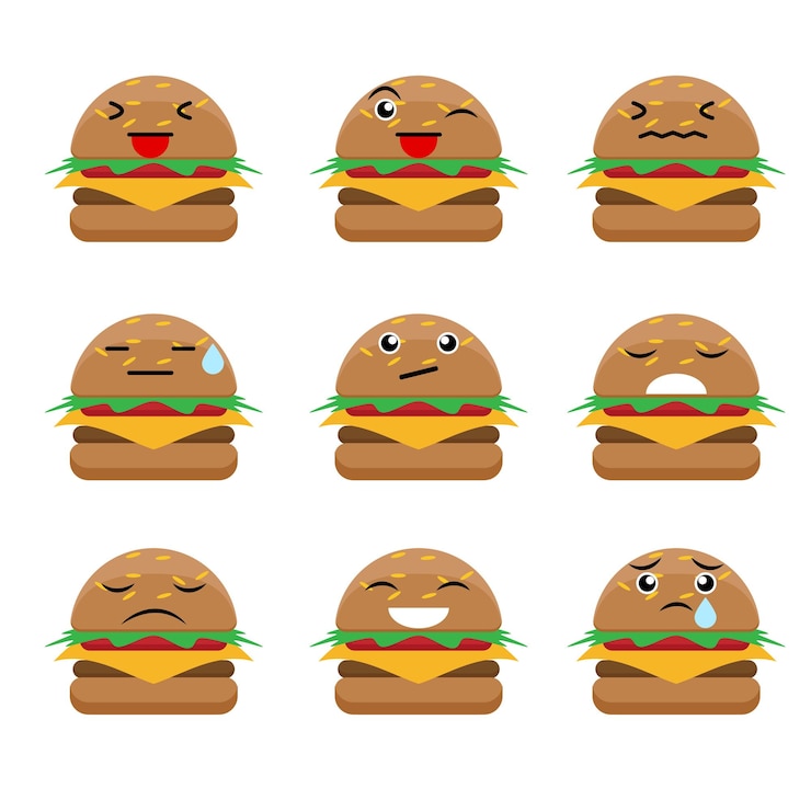 Vector conjunto de dibujos animados de hamburguesas con diferentes expresiones ilustración vectorial