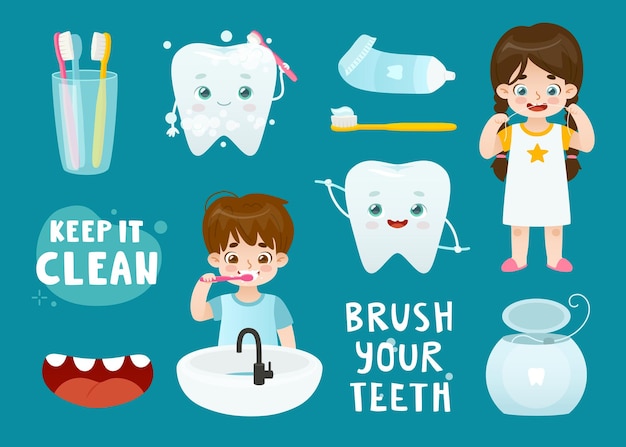 Conjunto de dibujos animados de higiene dental para niños Artículos de tocador para el cuidado dental Colección de vectores lindos Conjunto de prevención de caries