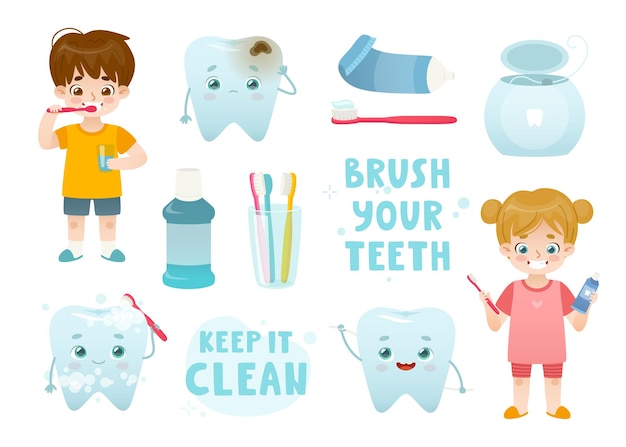 Conjunto de dibujos animados de higiene dental con niños y dientes Artículos de tocador para el cuidado dental Colección de vectores lindos Conjunto de prevención de caries