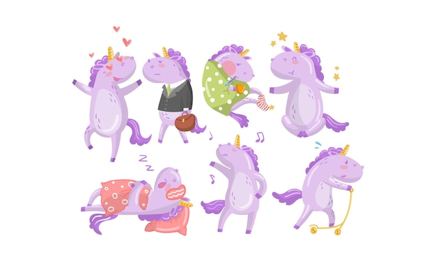 Conjunto de dibujos animados humanizados unicornios lila trabajador de oficina amoroso enfermo durmiendo bailando montando un scooter ilustración vectorial