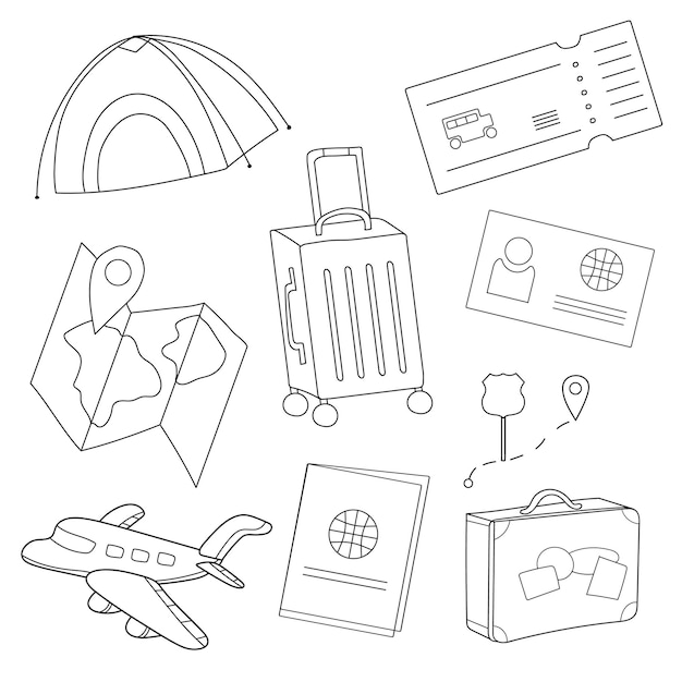 Conjunto de dibujos animados de iconos de turismo, viajes aéreos,  planificación de vacaciones de verano, aventura, viaje en vacaciones.  ilustración vectorial - libro para colorear | Vector Premium