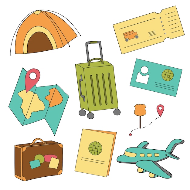 Conjunto de dibujos animados de iconos de turismo, viajes aéreos, planificación de vacaciones de verano, aventura, viaje en vacaciones. ilustración vectorial