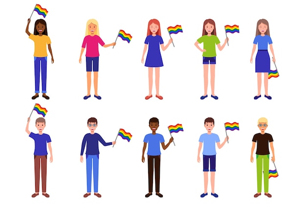 Vector conjunto de dibujos animados de ilustraciones con hombres y mujeres de diferentes razas sosteniendo banderas de arco iris de la comunidad lgbt.