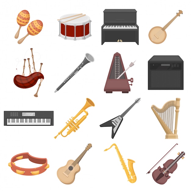 Conjunto de dibujos animados de instrumentos musicales icono