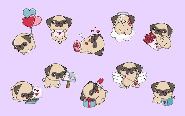 Conjunto de dibujos animados kawaii pug perro ilustraciones en amor colección de lindo vector aislado bebé perro