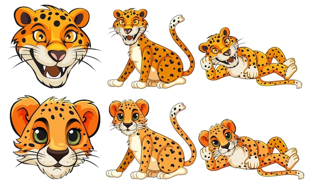 Conjunto de dibujos animados de leopardo en diferentes poses