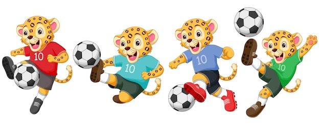 Vector conjunto de dibujos animados de leopardo jugando al fútbol ilustración vectorial