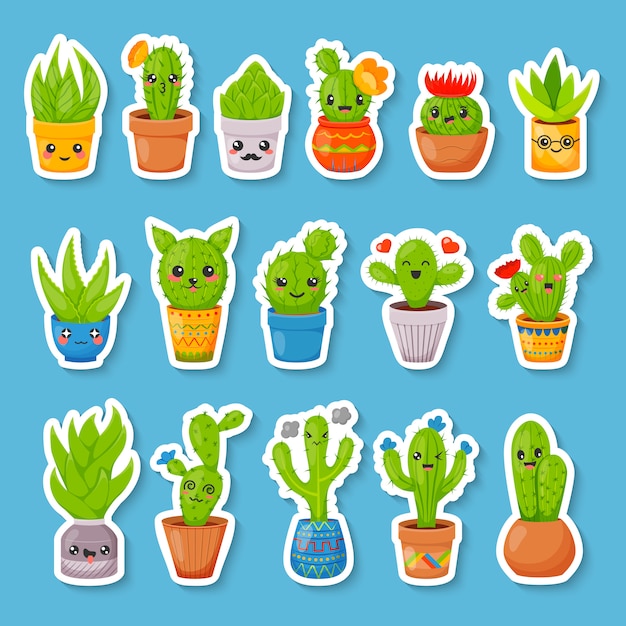 Conjunto de dibujos animados lindo cactus y suculentas pegatinas