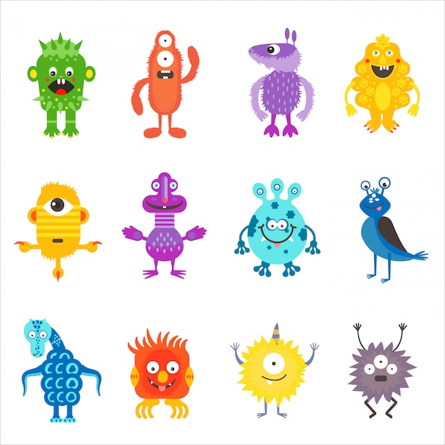 Vector conjunto de dibujos animados lindo color monstruos alienígenas