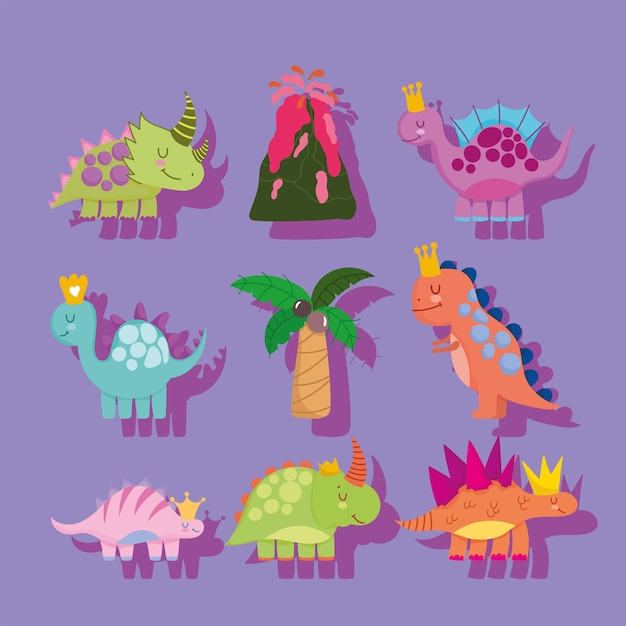 Vector conjunto de dibujos animados lindo dinos extinto y volcán palma naturaleza