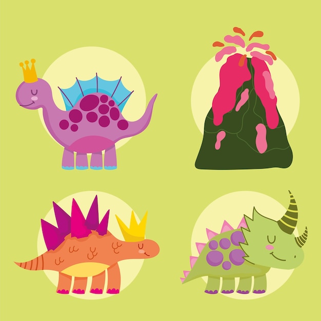 Conjunto de dibujos animados lindo dinosaurio animales extintos y volcán