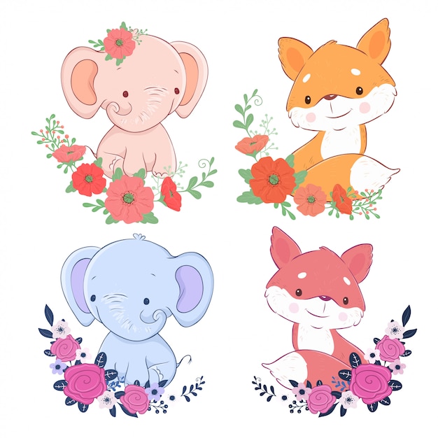 Conjunto de dibujos animados lindo de elefante y zorro con flores. ilustración