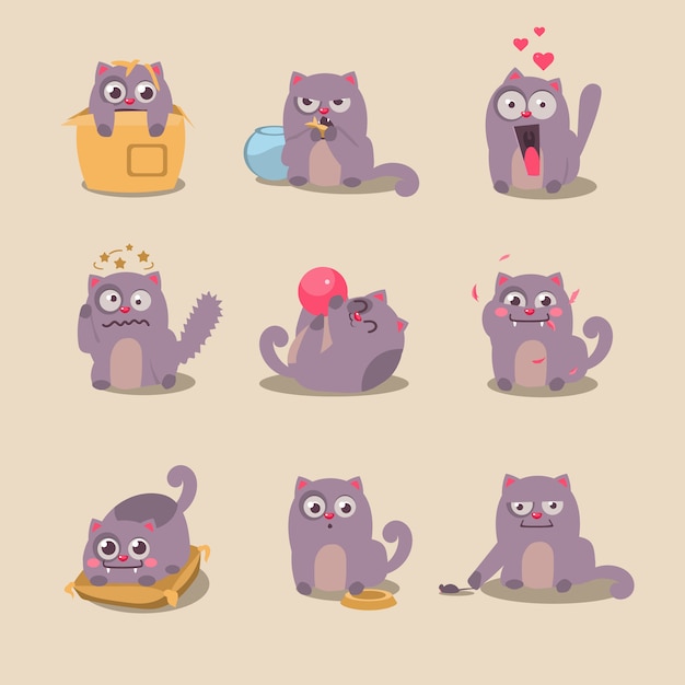 Conjunto de dibujos animados lindo gato en varias poses