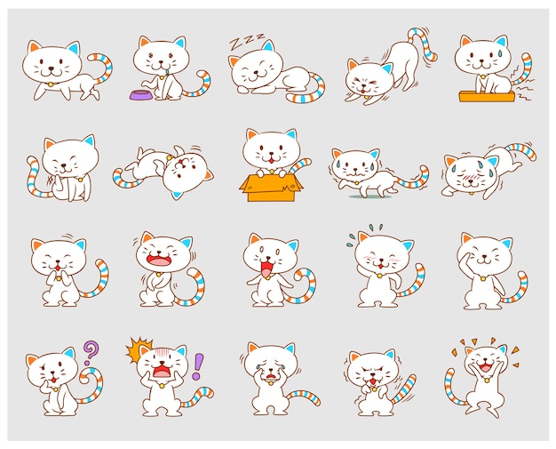 Conjunto de dibujos animados lindo gatos blancos en diferentes poses.
