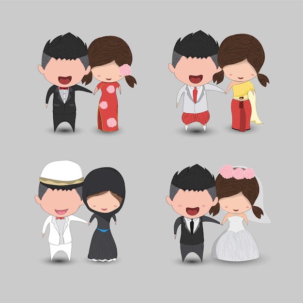 Conjunto de dibujos animados lindo pareja de bodas hombres y mujeres matrimonio lindo dibujo de tarjeta de san valentín a mano vector diseño