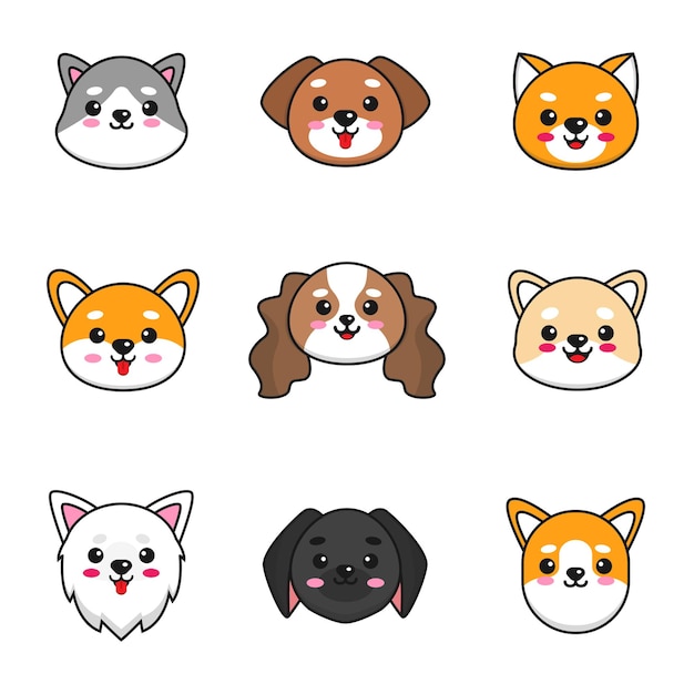 Conjunto de dibujos animados lindo perro caras ilustración