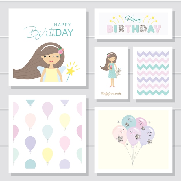 Vector conjunto de dibujos animados lindo tarjetas de cumpleaños y plantillas