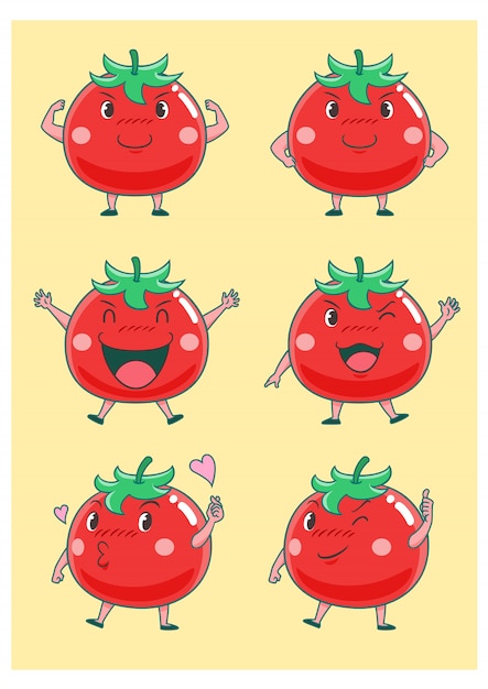 Vector conjunto de dibujos animados lindo tomates en diferentes poses.