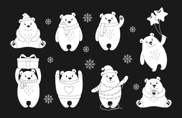 Conjunto de dibujos animados de línea de oso polar de navidad