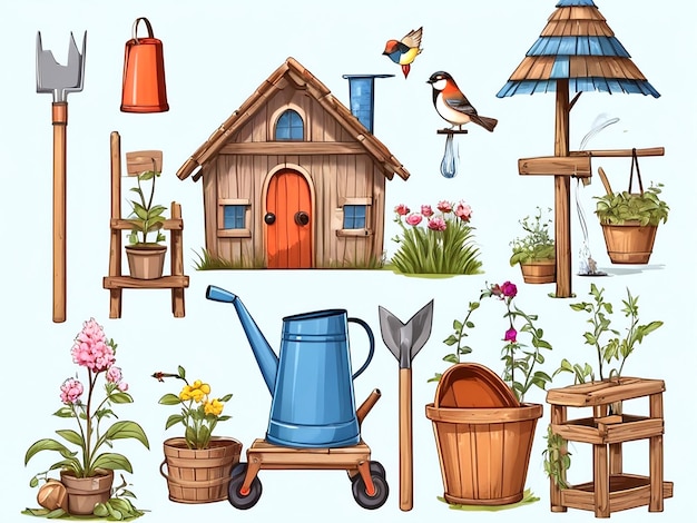 Conjunto de dibujos animados de línea de pueblo de jardín casa para pájaros escalera de tijera rústica botas de goma rastrillo ai_generated