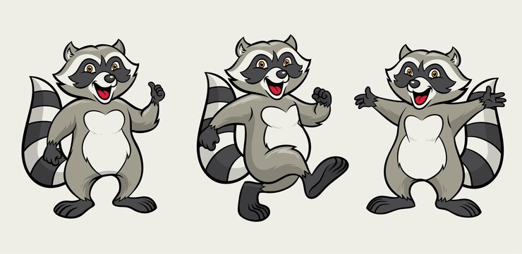 Vector conjunto de dibujos animados de mapache feliz