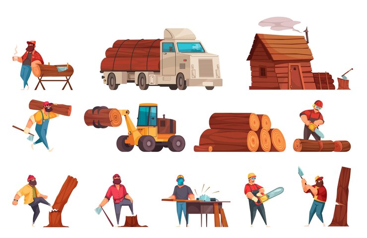 Vector conjunto de dibujos animados de maquinaria de equipo de trabajo de leñador con madereros aserrando madera cortando talando árboles de transporte ilustración vectorial