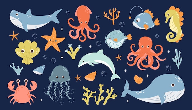 Conjunto de dibujos animados marinos vida submarina animales marinos tortugas Conjunto de ilustraciones de la vida silvestre del océano