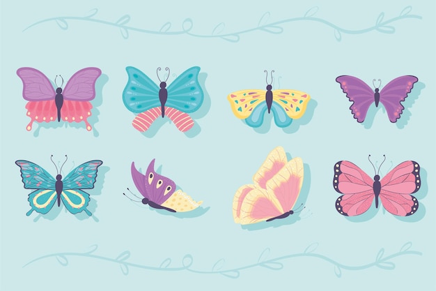 Conjunto de dibujos animados de mariposas