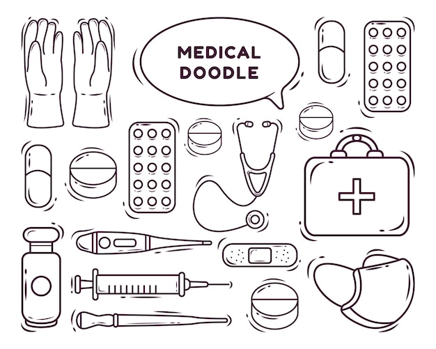 Conjunto de dibujos animados médicos kawaii dibujados a mano para colorear estilo doodle