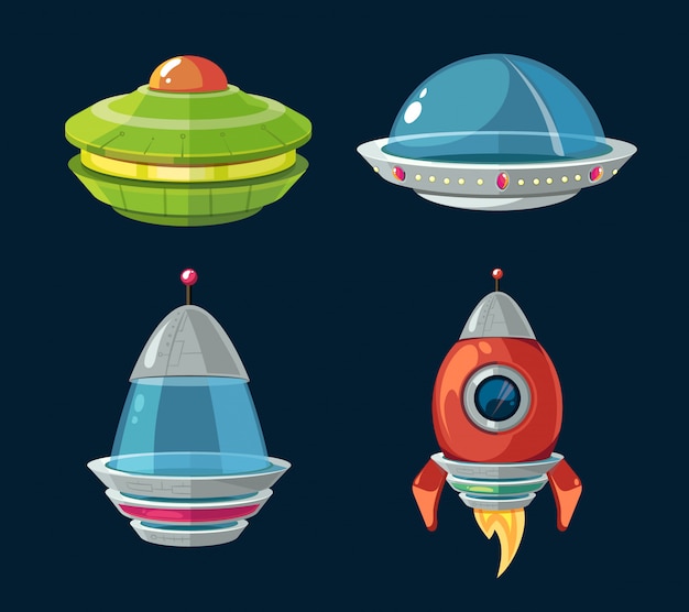 Conjunto de dibujos animados de naves espaciales y naves espaciales para computadora espacial y juegos de teléfonos inteligentes.