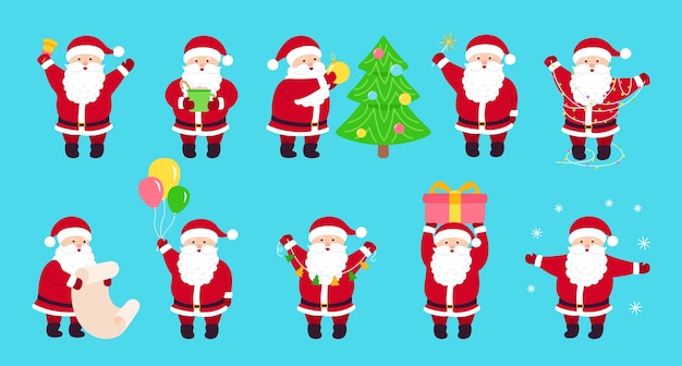 Conjunto de dibujos animados de Navidad de Santa Claus. Diferentes objetos de año nuevo de santa. Colección divertido personaje feliz con árbol de navidad