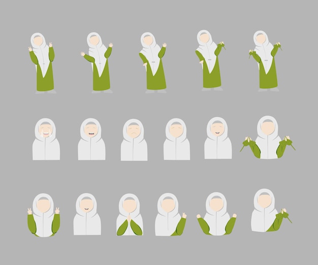 Vector un conjunto de dibujos animados para niña hijab con diferentes poses y expresiones