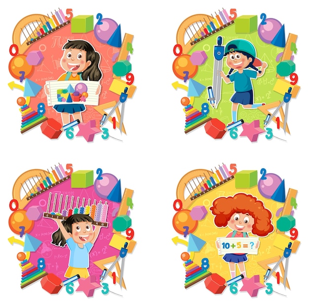 Conjunto de dibujos animados de niños de matemáticas