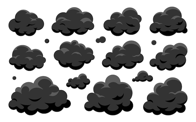 Vector conjunto de dibujos animados de nube negra. mal tiempo símbolo humo hollín contaminación gases de escape elemento cielo nublado