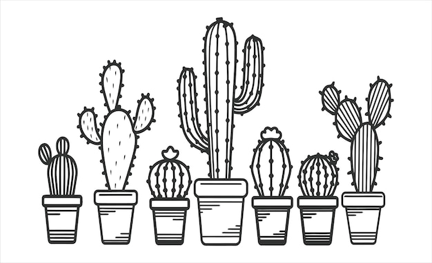 Conjunto de dibujos animados de una olla de cactus dibujada a mano
