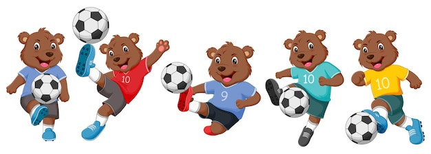 Conjunto de dibujos animados de osos jugando al fútbol Ilustración vectorial