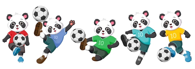 Vector conjunto de dibujos animados de panda jugando al fútbol ilustración vectorial