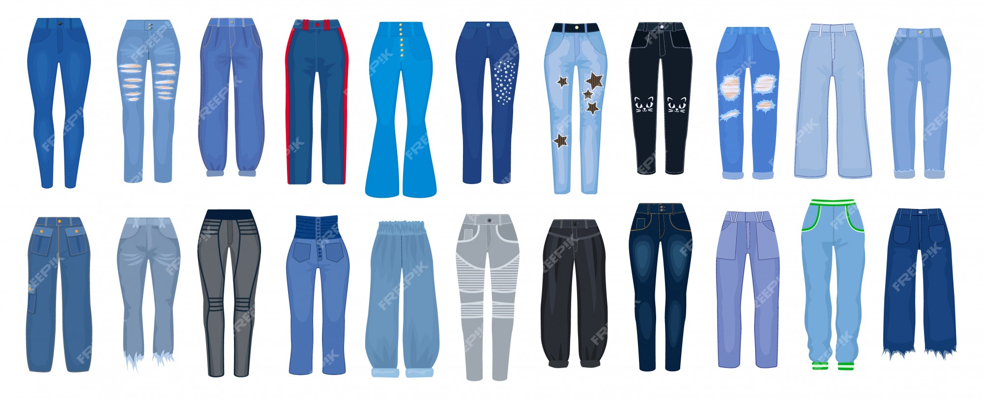 Conjunto de dibujos animados de pantalones vaqueros icono. pantalones de  mujer de ilustración sobre fondo blanco. conjunto de dibujos animados  aislados icono tipo de jeans. | Vector Premium