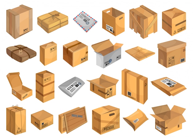 Vector conjunto de dibujos animados paquete postal icono. paquete de ilustración sobre fondo blanco.