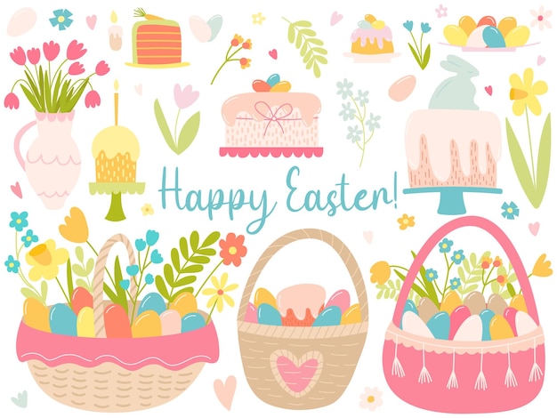 Conjunto de dibujos animados de Pascua Feliz Vector Conjunto de elementos de dibujos animados de Pascua Cesta de mimbre pastel de huevos de colores