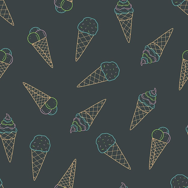 Conjunto de dibujos animados de patrones sin fisuras de dibujos de helado en cono de tazas de waffle Fondo de pantalla vector doodle ilustración de un boceto de postre de verano
