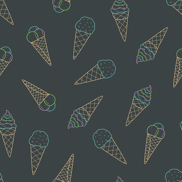 Conjunto de dibujos animados de patrones sin fisuras de dibujos de helado en cono de tazas de waffle Fondo de pantalla vector doodle ilustración de un boceto de postre de verano