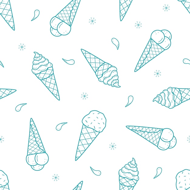 Conjunto de dibujos animados de patrones sin fisuras de dibujos de helado en cono de tazas de waffle Fondo de pantalla vector doodle ilustración de un boceto de postre de verano