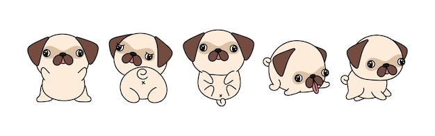 Conjunto de dibujos animados de perro pug aislado conjunto de lindo pug kawaii en divertido estilo de dibujos animados