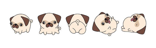 Conjunto de dibujos animados de perro pug aislado conjunto de lindo pug kawaii en divertido estilo de dibujos animados