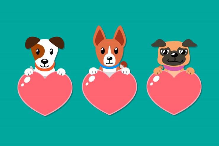 Vector conjunto de dibujos animados de perros con signos de corazón